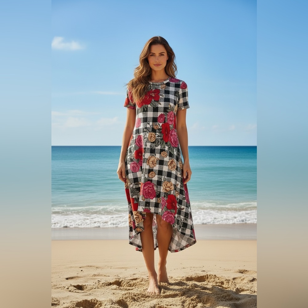 LuLaRoe Carly • High Low Hemline Swing Dress • Black White Gingham with Roses